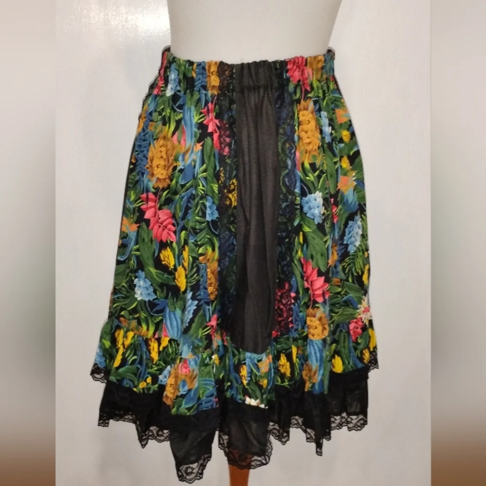 Vintage Black Floral A-Line Skirt with Pink, Yellow & Blue Flowers - Picture 6 of 7